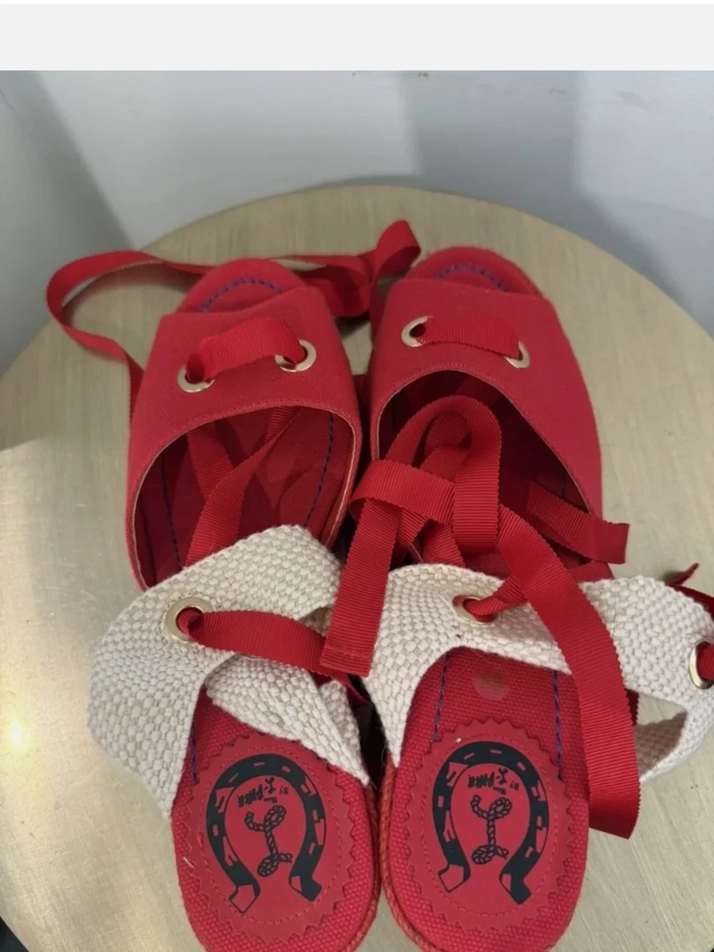 Red Ankle-Tie Wedge Sandals with Rainbow Espadrille